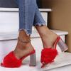 DMBHY Slippers Womens Slip on Fluffy Slippers Chunky Heel Platform Slippers Rhinestone Open Toe Sandals Shoes (Color : Red, Size : 11 US) view 3