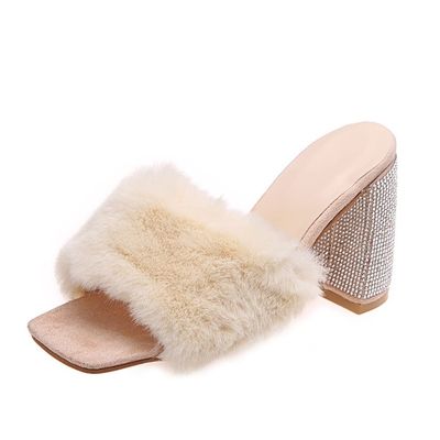 DMBHY Slippers Womens Slip on Fluffy Slippers Chunky Heel Platform Slippers Rhinestone Open Toe Sandals Shoes (Color : Beige, Size : 11 US)