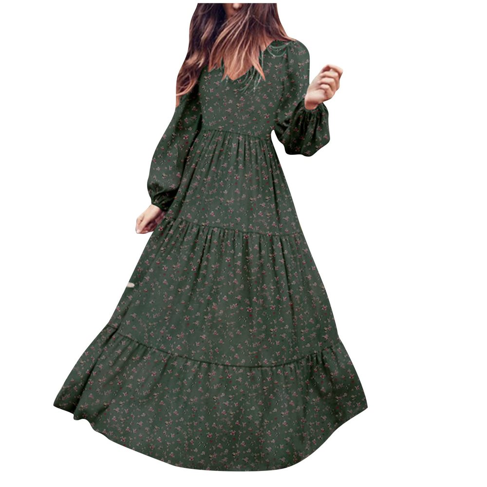 tuduoms Women's Boho Maxi Dresses Chiffon Long Sleeve V Neck Ditsy Floral Print Ruffle Tiered Long Dress Vintage Flowy Dress Green