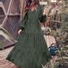 tuduoms Women's Boho Maxi Dresses Chiffon Long Sleeve V Neck Ditsy Floral Print Ruffle Tiered Long Dress Vintage Flowy Dress Green view 3