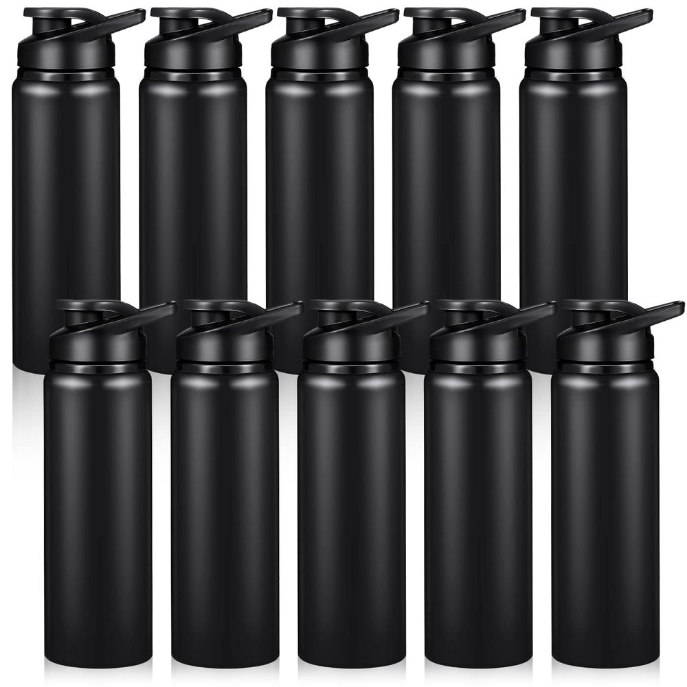 Chengu 10 Pcs 25oz Reusable Aluminum Water Bottle Bulk Lightweight Outdoor Sports Water Bottles Easy Carry Leak Proof for Travel Gym Camping Hiking Fishing, Snap Lid (Black)