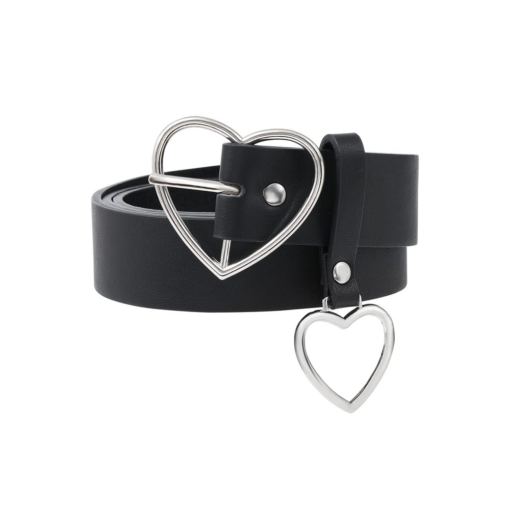 AWAYTR Women Leather Punk Waist Belt - Black PU Leather Body Adjustable Ladies Belts with Heart Buckle for Girls (Black, Fits waist from 26"-30")