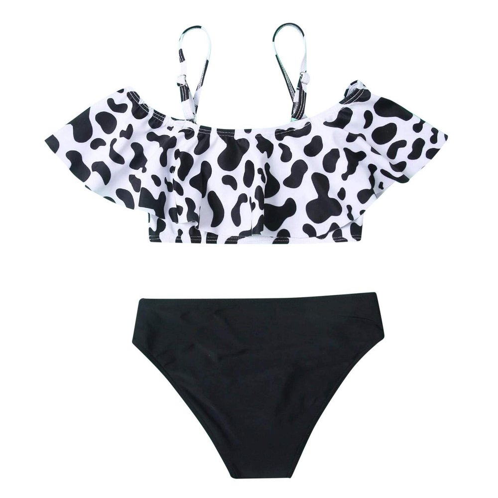 POLG Girls Two Piece Bikini Swimsuits Hawaiian Floral Bathing Suit Kids Beach Swimwear Set 8-14 Years (E-Black, 11-12 Years)