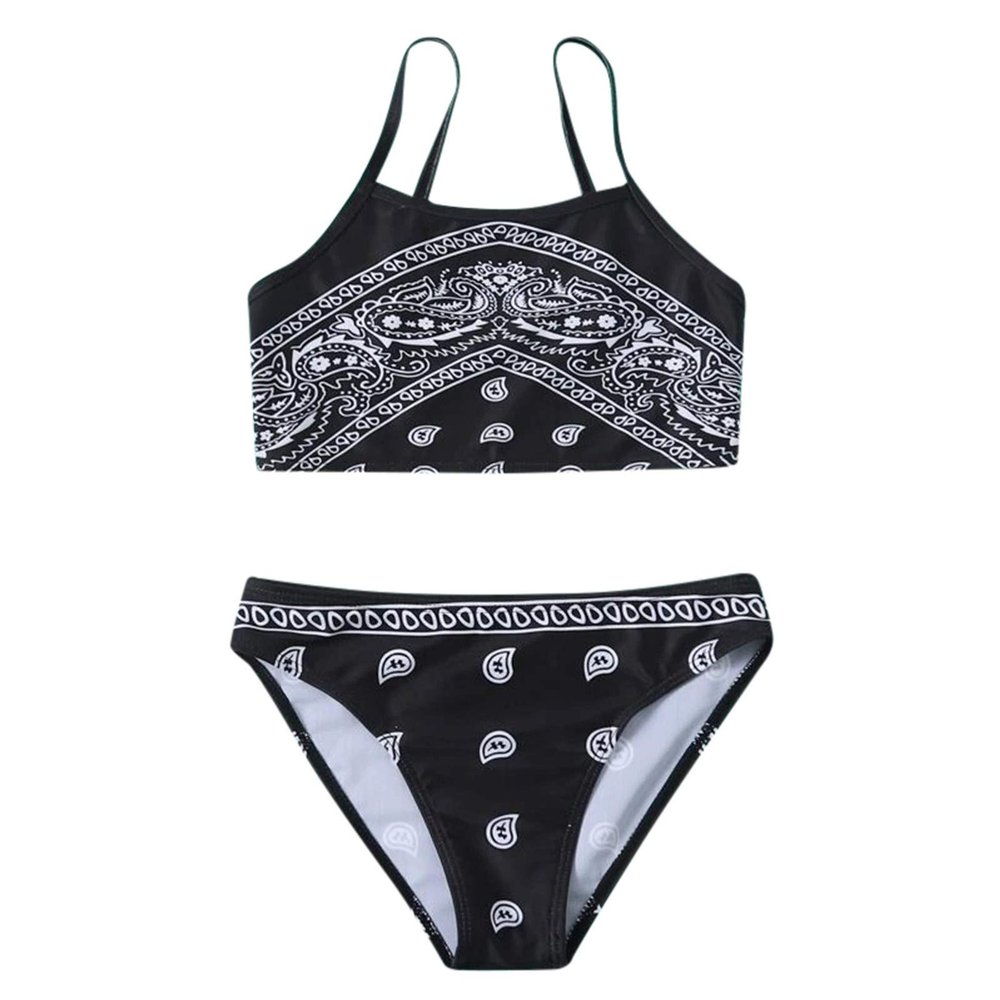 POLG Summer Girls Two Piece Bikini Swimsuits Hawaiian Floral Bathing Suit for Kids Beach Swimwear Set 3-16 Years (D-Black, 13-14 Years)