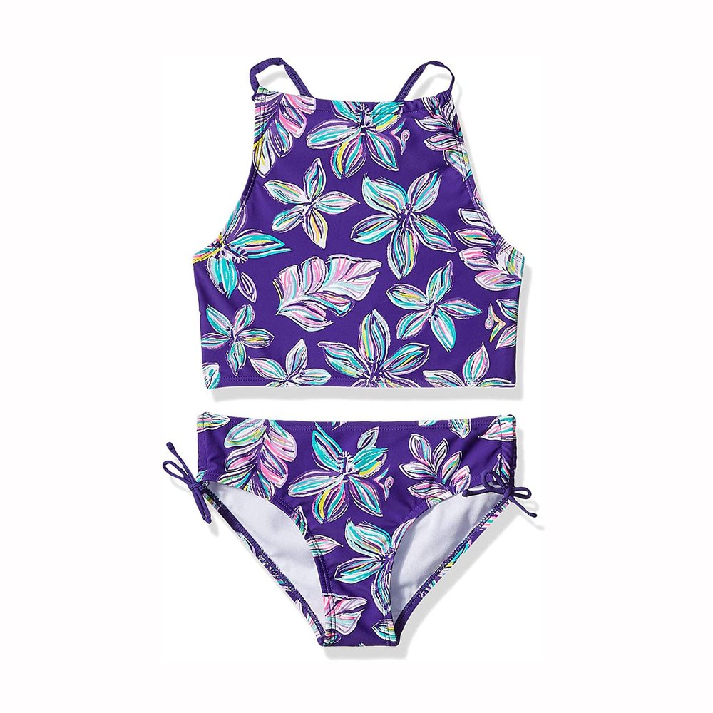 POLG Kids Girls 2 Piece Swimsuit Printed Halter Bikini Top and Short Bottoms Tankini Set Swimwear Bathing Suit (Purple, 13-14 Years)