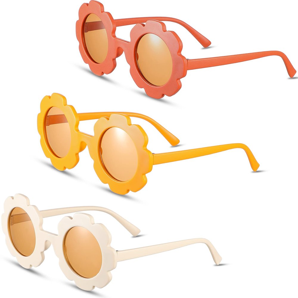 Flutesan 3 Pieces Kids Flower Sunglasses Toddler Girls Round Flower Glasses Baby Cute Sunglasses Outdoor Beach Colorful Eyewear (Beige, Orange, Orange Red)