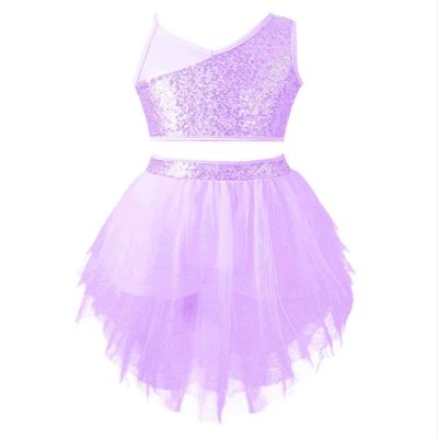 Aislor Little Girls Lyrical Ballet Latin Modern Dance Camisole Leotard Tutu Dress Sequins Crop Top with Mesh Irregular Skirt Purple T 16 Years