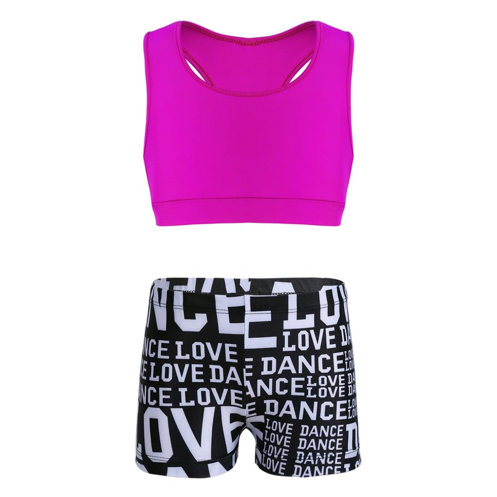 Sywiyi Kids Girls Athletic Two-Piece Swimsuits Gymnastics/Dance/Sports/Dance Racer Back Cropped Top Shorts Set Rose&Black 3-4 Years
