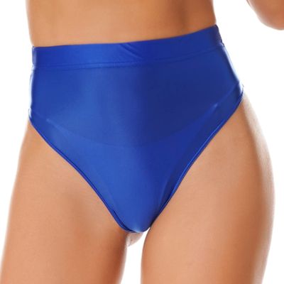 Sxiwei Woman's Shiny Oil Silk Booty Shorts Hot Pants High Waist Glossy High Cut Thong Rave Dance Bottoms Royal Blue X-Large