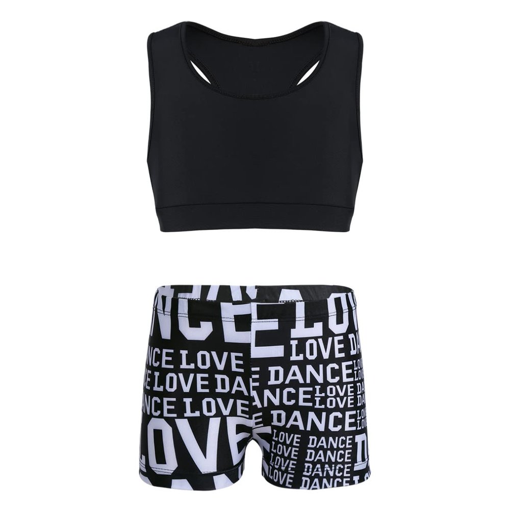 Sywiyi Kids Girls Athletic Two-Piece Swimsuits Gymnastics/Dance/Sports/Dance Racer Back Cropped Top Shorts Set Black 10-12 Years