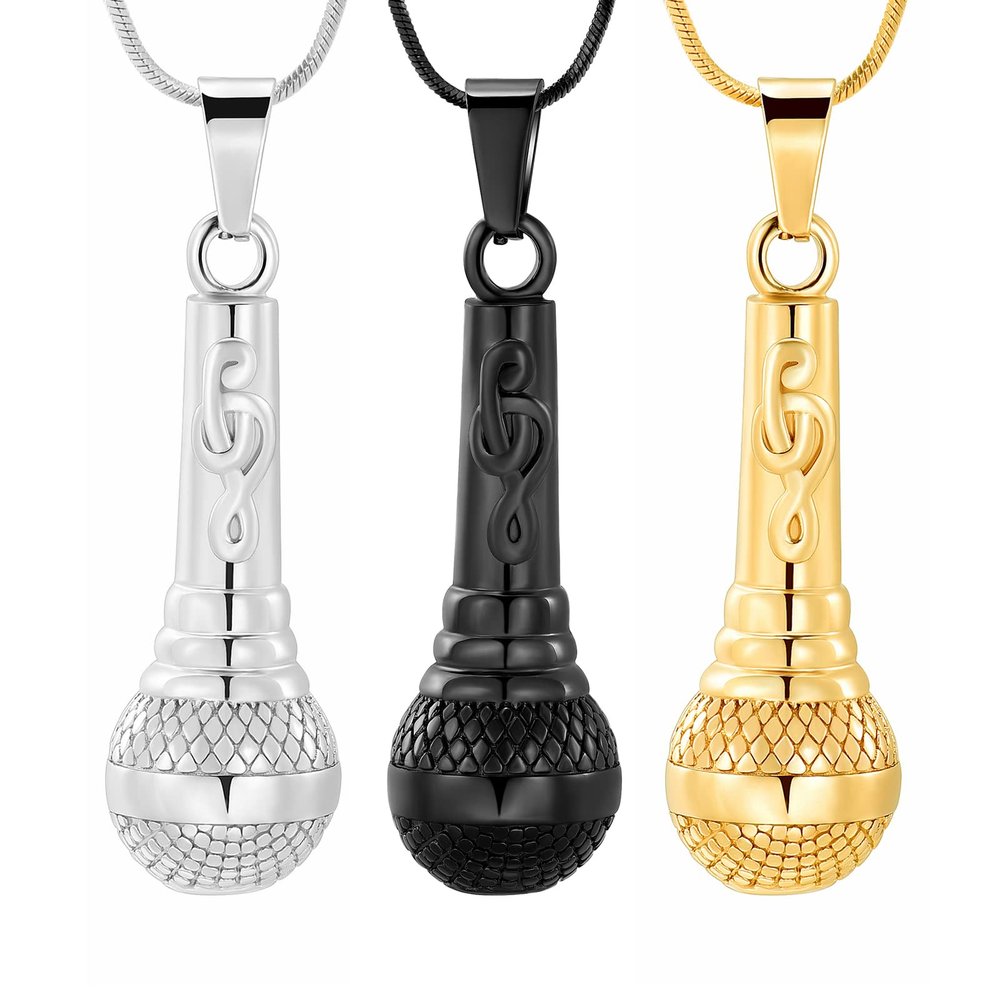 Microphone Cremation Jewelry for Ashes - Memorial Urn Necklace Ashes Holder Stainless Steel Keepsake Pendant Jewelry for Music Lover (3PCS(Silver+Black+Gold))