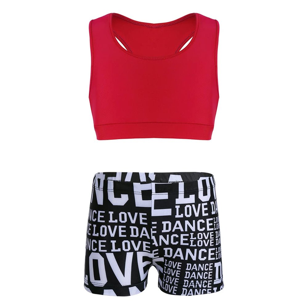Sywiyi Kids Girls Athletic Two-Piece Swimsuits Gymnastics/Dance/Sports/Dance Racer Back Cropped Top Shorts Set Red 3-4 Years