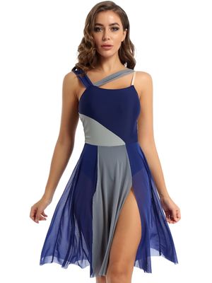 Aislor Women Lyrical Dance Dress Sleeveless Color Block Leotard Dress Modern Contemporary Dance Costume Navy Blue Large