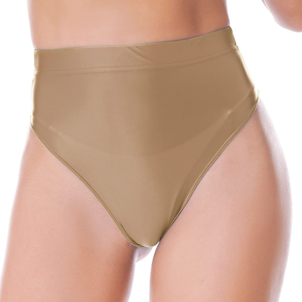 Sxiwei Woman's Shiny Oil Silk Booty Shorts Hot Pants High Waist Glossy High Cut Thong Rave Dance Bottoms Coffee XX-Large