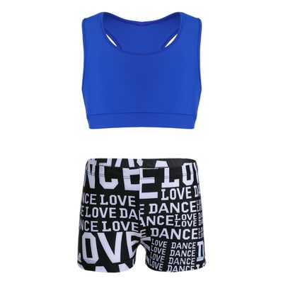 Sywiyi Kids Girls Athletic Two-Piece Swimsuits Gymnastics/Dance/Sports/Dance Racer Back Cropped Top Shorts Set Blue&Black 8-10 Years