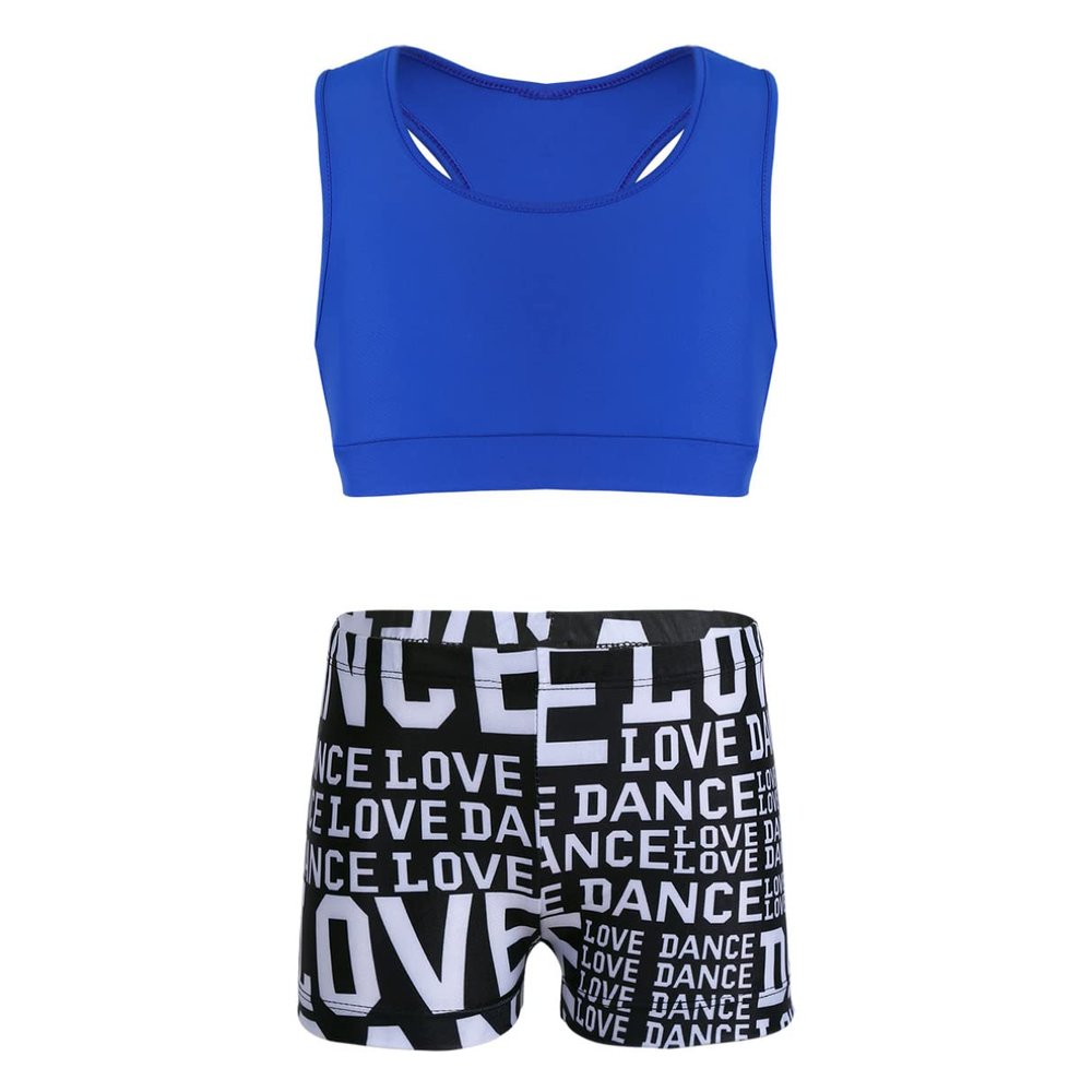 Sywiyi Kids Girls Athletic Two-Piece Swimsuits Gymnastics/Dance/Sports/Dance Racer Back Cropped Top Shorts Set Blue&Black 8-10 Years