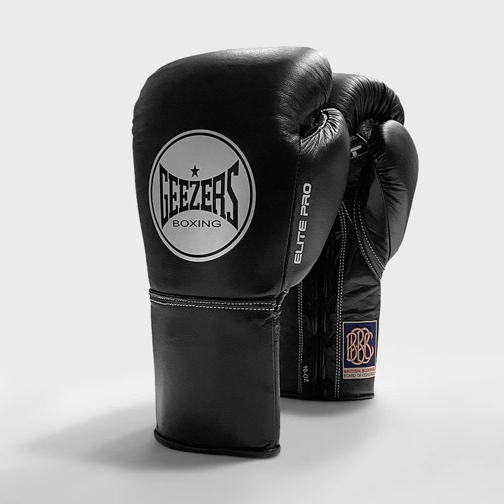 Geezers Boxing Elite Pro Special Edition Fight Gloves, Premium Leather, Mens and Womens Fight Glove, Approved by The BBBofC for All Professional Fights. (8oz, Black)