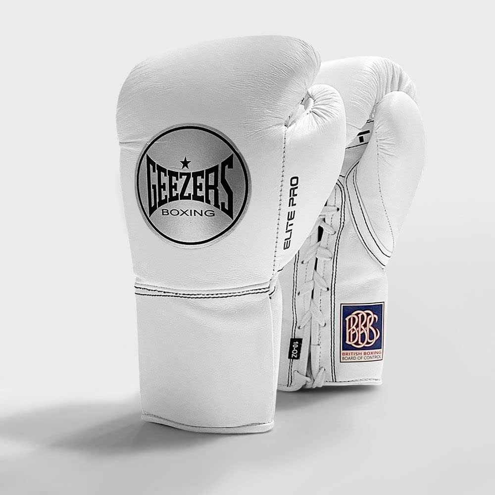 Geezers Boxing Elite Pro Special Edition Fight Gloves, Premium Leather, Men's & Women's Boxing Gloves, Approved by The BBBofC for All Professional Fights. (8oz, White)