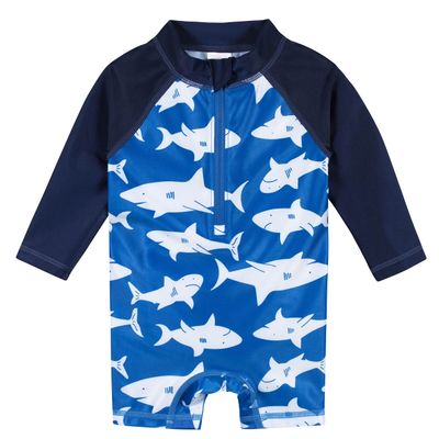 Gerber Baby Boys Toddler Long Sleeve One Piece Sun Protection Rashguard Swimsuit, Blue and White Sharks, 3T