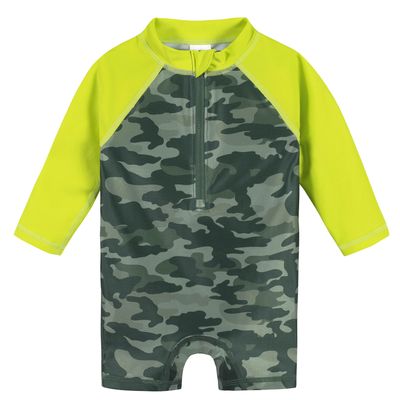 Gerber Baby Boys Long Sleeve One Piece Sun Protection Rashguard Swimsuit, Green Gator, 12 Months