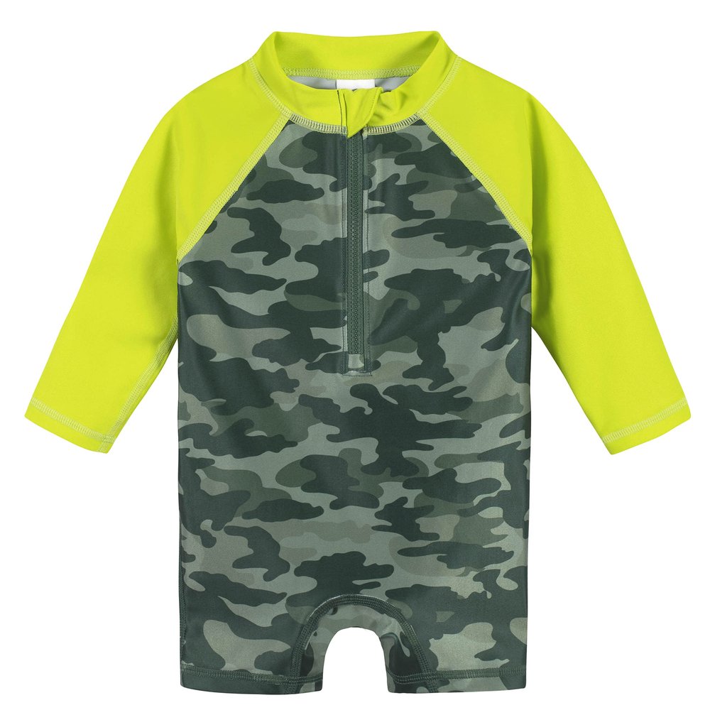 Gerber Baby Boys Long Sleeve One Piece Sun Protection Rashguard Swimsuit, Green Gator, 12 Months
