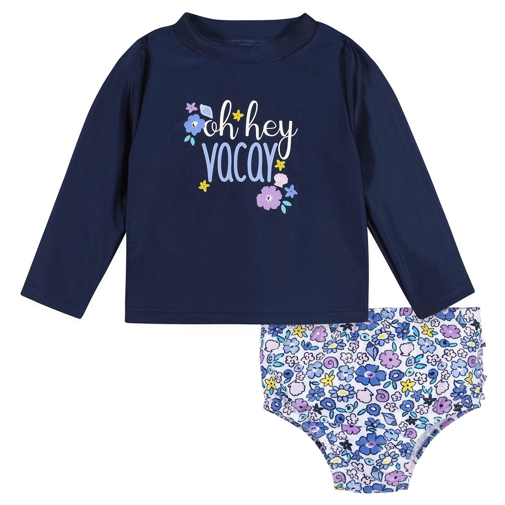 Gerber Baby Girls Baby Toddler Long Sleeved Rashguard Swim Bathing Suit Set Purple Floral Shell 18 Months