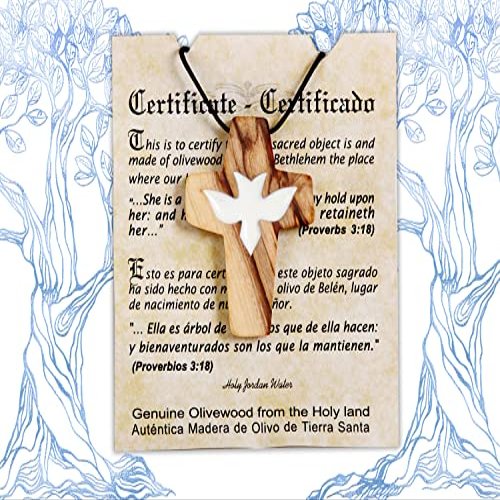 2 in Large Olive Wood Cross Necklace with White Dove, Christian Gift, Handcrafted Wooden Cross with Cotton Cord Ideal for Car Mirror. Faith Cross Pendant for the church & home, Certificate of Origin