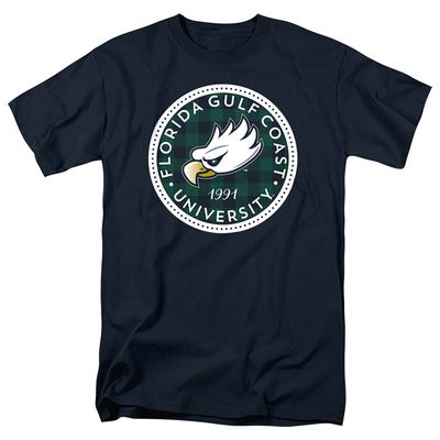 Florida Gulf Coast University Official Plaid Badge Short Sleeve Mens Cotton T-Shirt,Navy, Large