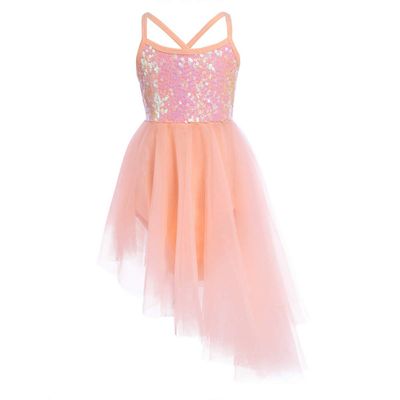 Huimingda Ballet Leotards for Girls Kids Latin Dress Sequins Sleeveless Tutu Dress Lyrical Dance Skating Costume Orange 4-5 Years
