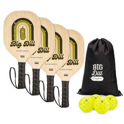 Big Dill Pickleball Superstar Pickle Ball Paddle Set of 4 Wooden Paddles  Pack of 4 Pickleball Paddles Set, 4 Pickleball Balls & Bag for Pickle Ball Rackets, Beginner Pickleball Racket Sets