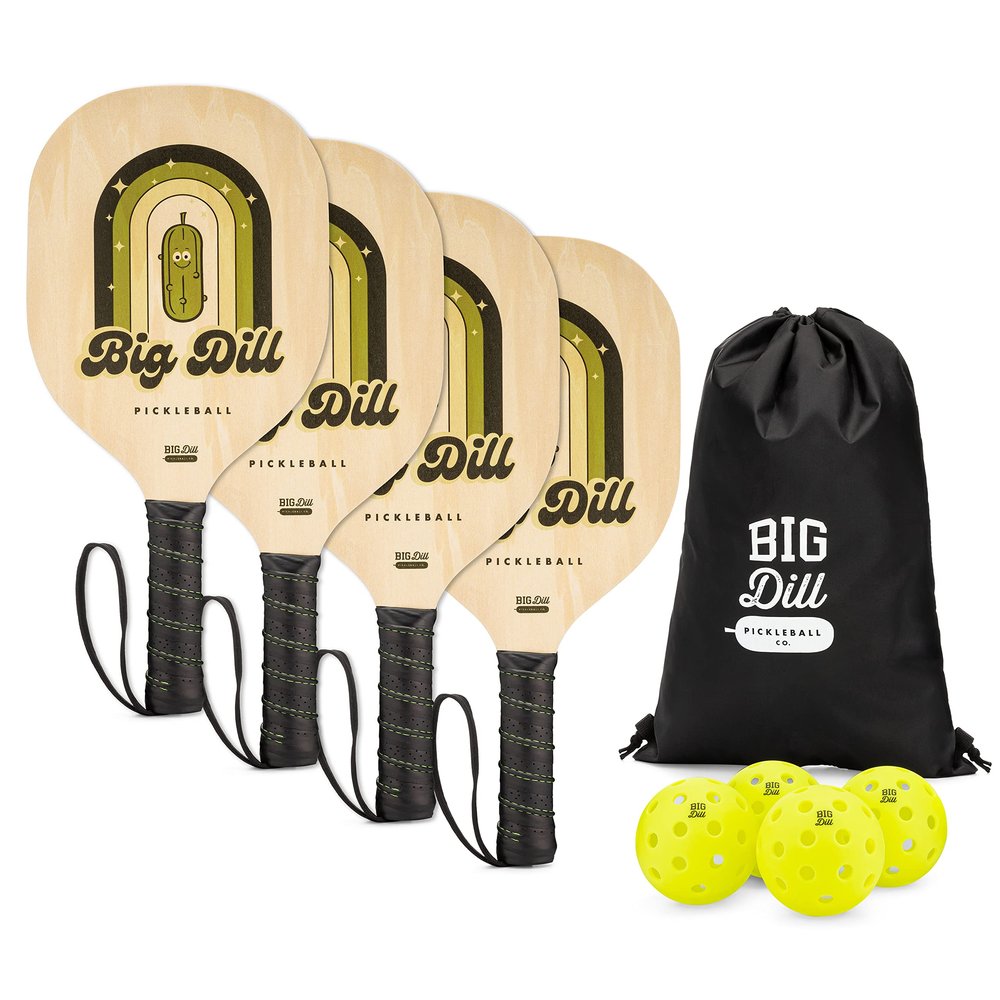 Big Dill Pickleball Superstar Pickle Ball Paddle Set of 4 Wooden Paddles  Pack of 4 Pickleball Paddles Set, 4 Pickleball Balls & Bag for Pickle Ball Rackets, Beginner Pickleball Racket Sets