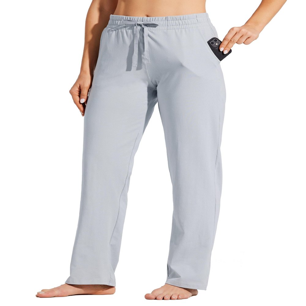 Willit Women's Cotton Sweatpants Open Bottom Yoga Sports Pants Straight Leg Lounge Athletic Pants with Pockets Stone Gray L