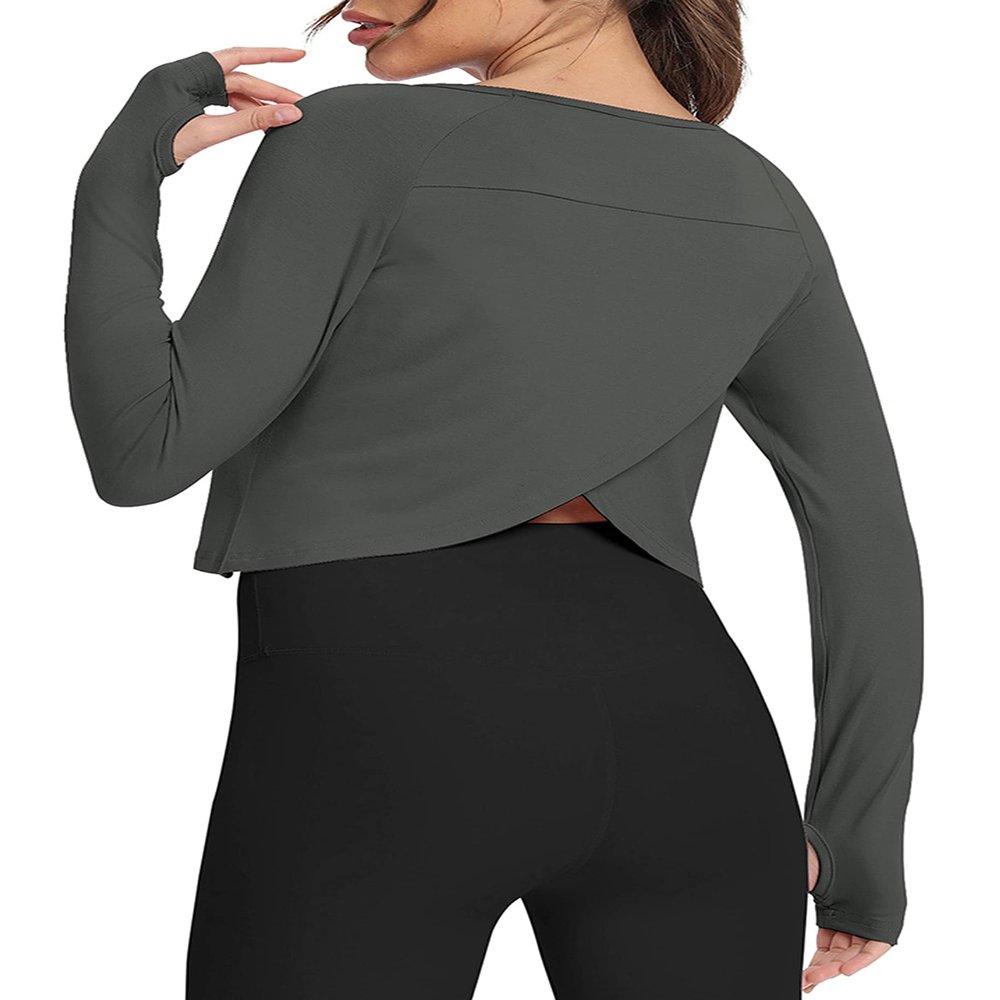 Bestisun Long Sleeve Workout Dance Clothes Split Back Gym Tennis Sports Training Wear Fitness Crop Tops Deep Gray M