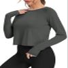Bestisun Long Sleeve Workout Dance Clothes Split Back Gym Tennis Sports Training Wear Fitness Crop Tops Deep Gray M view 2