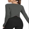 Bestisun Long Sleeve Workout Dance Clothes Split Back Gym Tennis Sports Training Wear Fitness Crop Tops Deep Gray M view 4