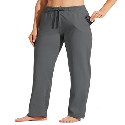 Willit Women's Cotton Sweatpants Open Bottom Yoga Sports Pants Straight Leg Lounge Athletic Pants with Pockets Deep Gray XL