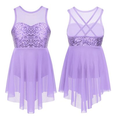RUNQHUI Kids Girls Sequined Ballet Lyrical Modern Dance Dress Gymnastics Leotard Ballerina Dancewear Lavender 8 Years