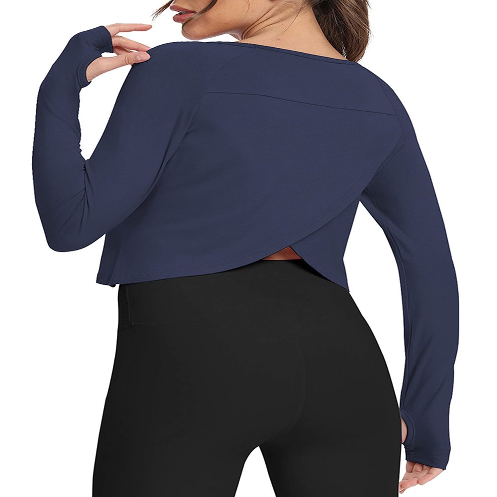 Bestisun Workout Top Long Sleeve Tee Shirt Crop Gym Exercise Wear Athletic Yoga Clothes Navy Blue XL