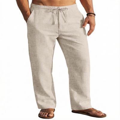 COOFANDY Men's Linen Beach Pants Loose Fit Drawstring Casual Pants Lightweight Baggy Cotton Trousers, Beige, Small