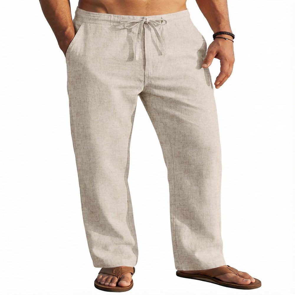 COOFANDY Men's Linen Beach Pants Loose Fit Drawstring Casual Pants Lightweight Baggy Cotton Trousers, Beige, Small