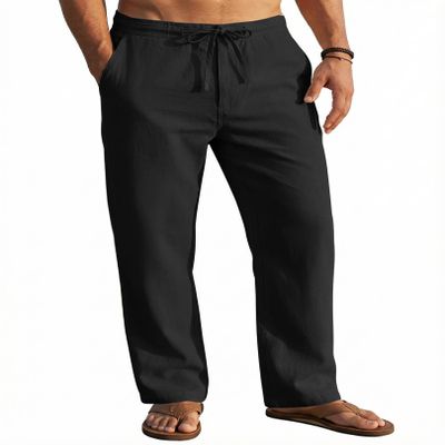 COOFANDY Men's Casual Linen Pants Elastic Waist Drawstring Beach Yoga Trousers Summer Lightweight Long Pants with Pockets, Black, XXL, Straight