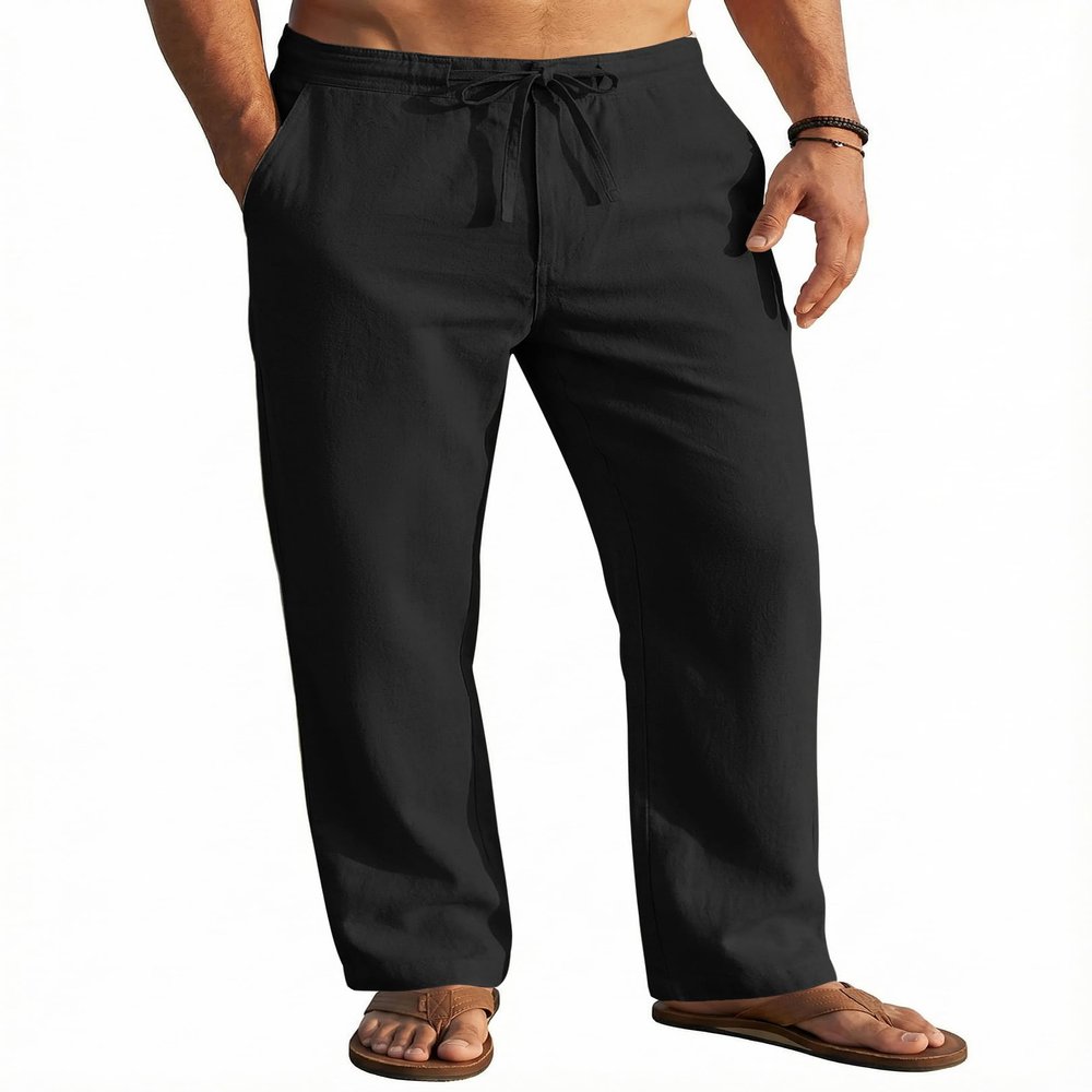 COOFANDY Men's Casual Linen Pants Elastic Waist Drawstring Beach Yoga Trousers Summer Lightweight Long Pants with Pockets, Black, XXL, Straight