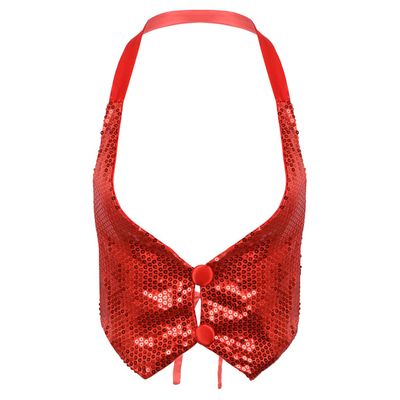 vastwit Womens Sparky Sequins Vest Sleeveless Halter Neck Waistcoat Clubwear Jazz Dance Tank Tops Red One_Size