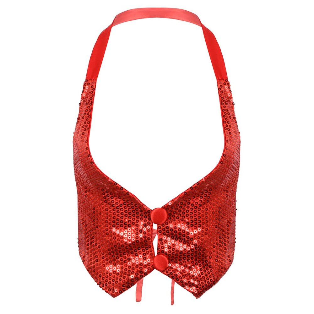 vastwit Womens Sparky Sequins Vest Sleeveless Halter Neck Waistcoat Clubwear Jazz Dance Tank Tops Red One_Size