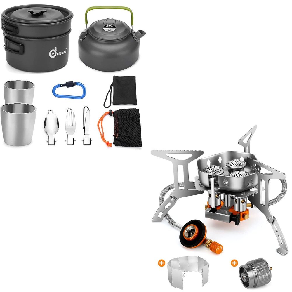 Odoland Bundle - 2 Items 10pcs Camping Cookware Mess Kit and 6800W Windproof Camp Stove