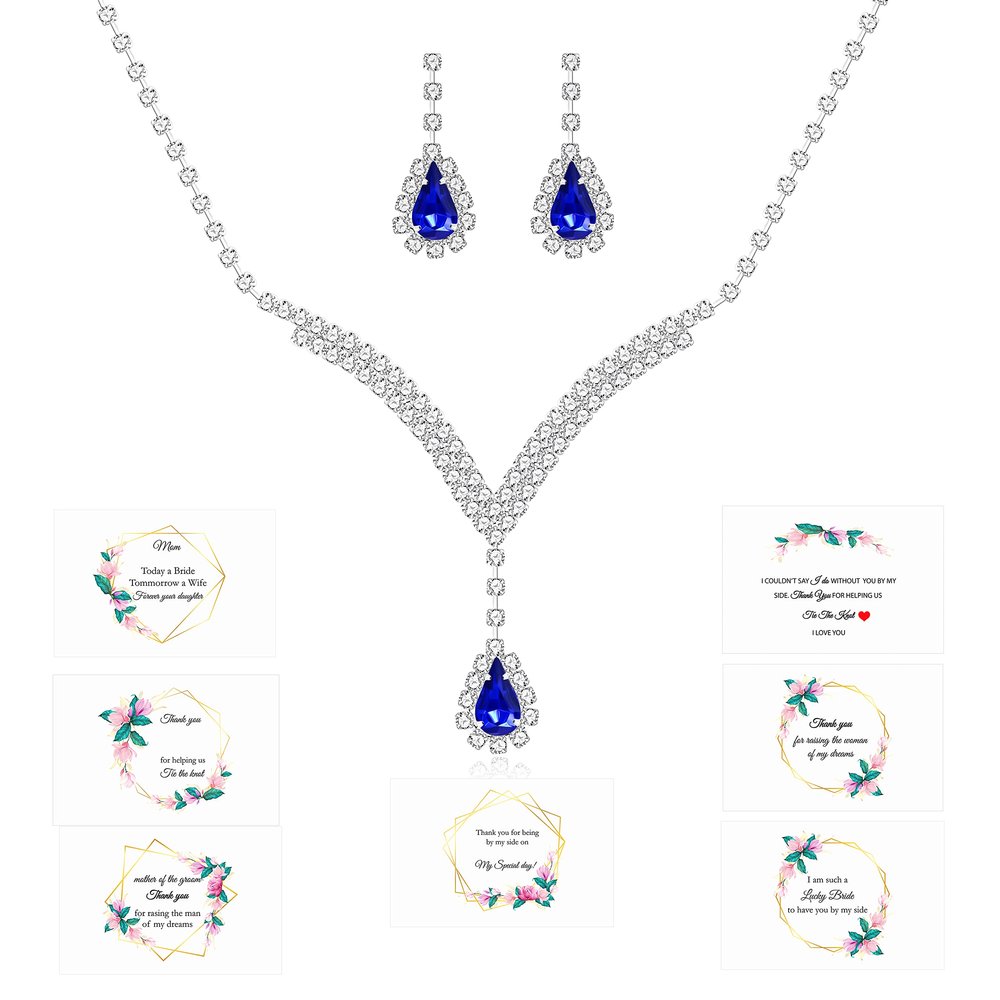 Blue Teardrop Stud Dangle Earrings and Necklace Crystal Jewelry Set, Thank You for Helping Us Tie The Knot Gift Y1799