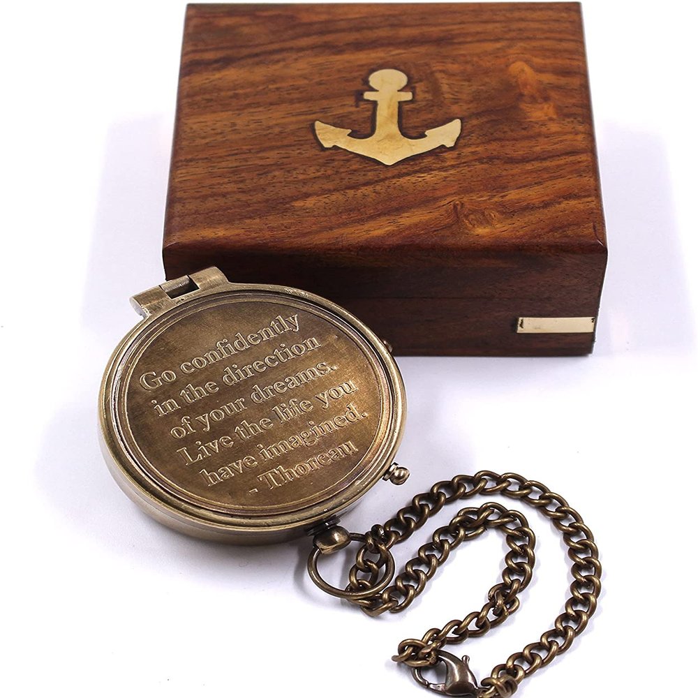 Engraved Pocket Compass - Compass with an Inspirational Quote by Thoreau - Gift for Graduation, Anniversary, Baptism, Retirement, or Christmas - Brass Working Compass