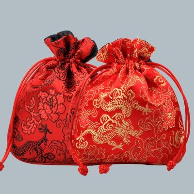 Only My Live Home Small Dragon Pattern Jewelry Gift Pouch Drawstring Chinese Style Silk Brocade Pouch Jewelry Packaging Women Jewellery Storage Bag with Lined (10, Red)