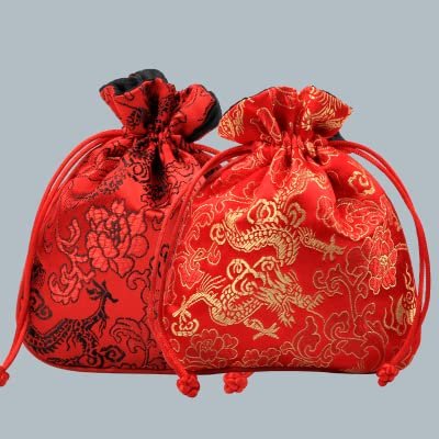 Only My Live Home Small Dragon Pattern Jewelry Gift Pouch Drawstring Chinese Style Silk Brocade Pouch Jewelry Packaging Women Jewellery Storage Bag with Lined (10, Red)
