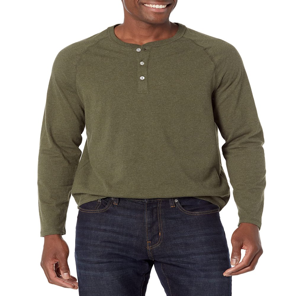 Amazon Essentials Long Sleeve Shirt for Men, Regular-Fit Henley, Available in Big & Tall, Olive Heather, XX-Large